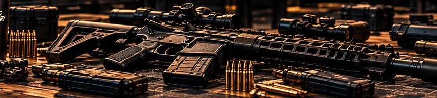 Firearms, suppressors and optics on a workbench