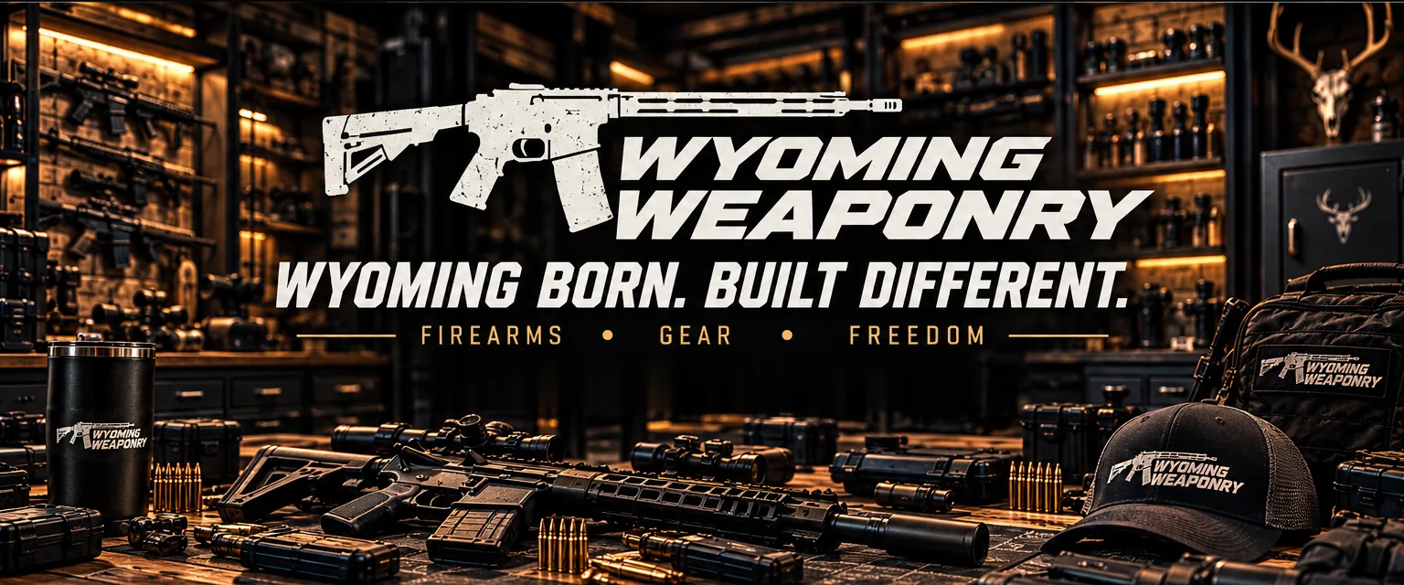 Wyoming Weaponry artwork: firearms, optics and branded gear on a workbench